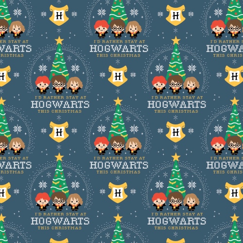 Harry Potter Blue I'd Rather Stay At Hogwarts Christmas Fabric