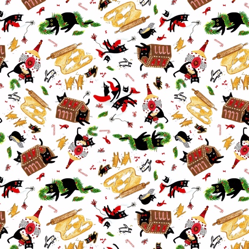 White Meowy And Bright Cats Christmas Fabric