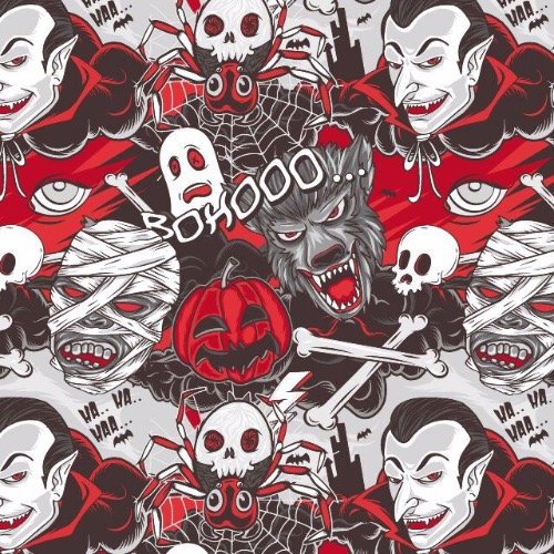 Halloween Characters Red and Black Poplin Fabric
