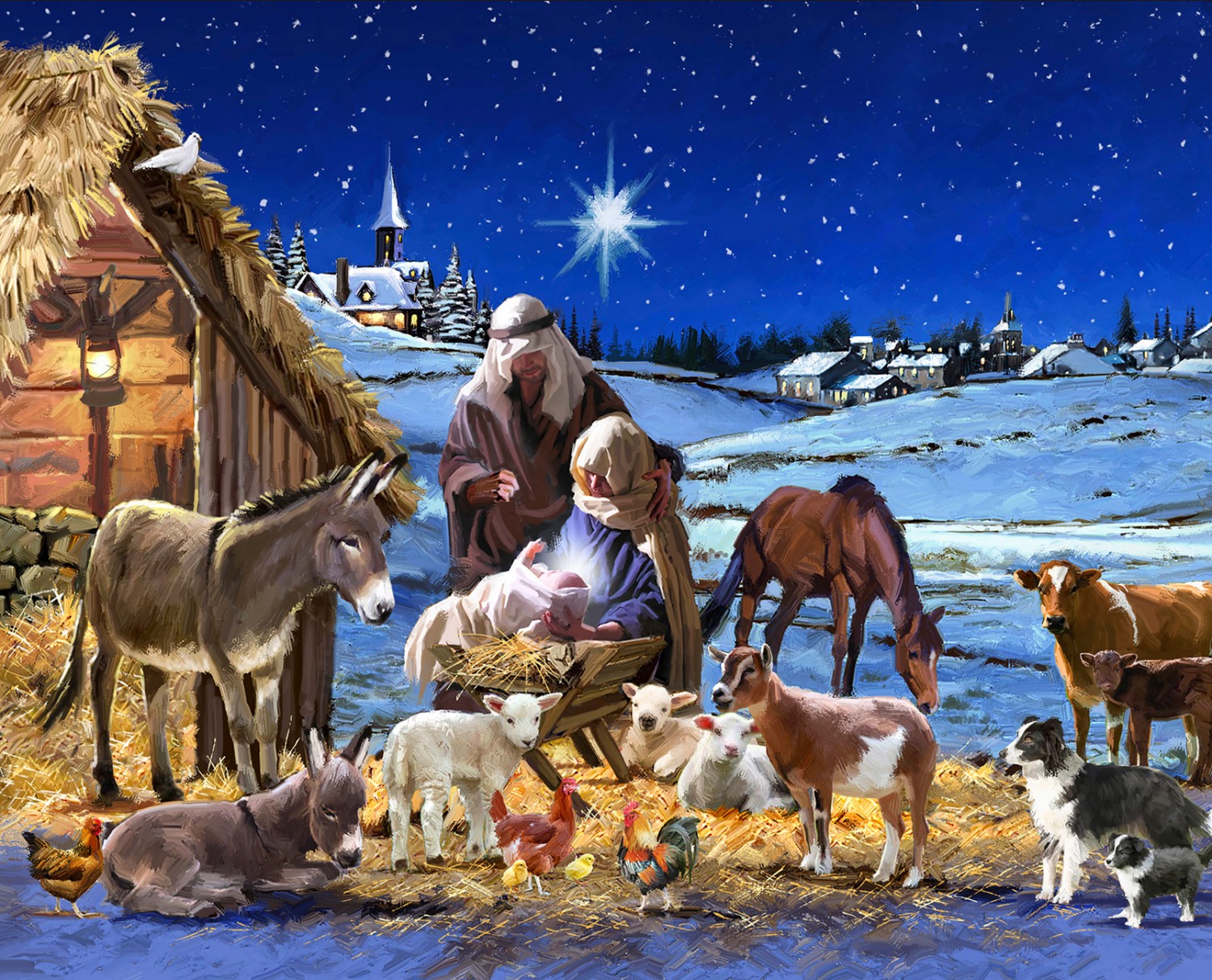 Christmas Winter Nativity Scene Fabric Panel
