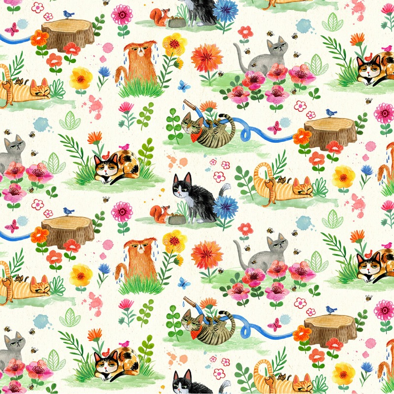Cream Cat Garden Fabric