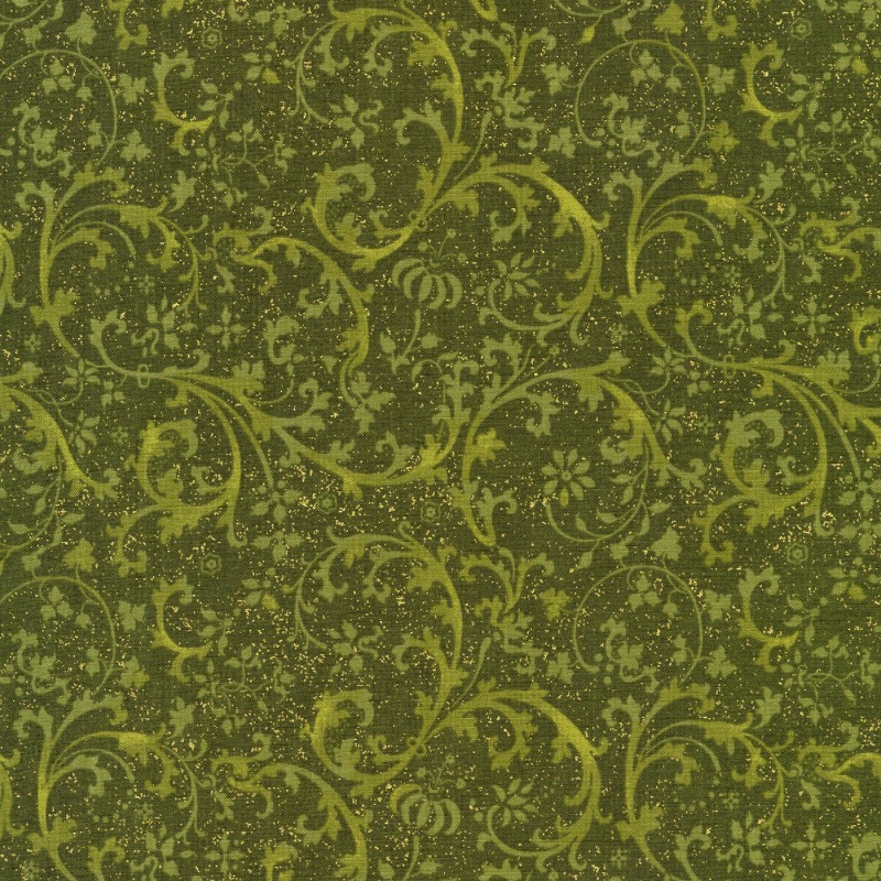 Swirls Green Harvest Fabric with Metallic