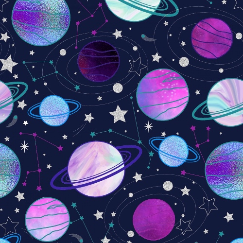 Starlight Glitter Navy Planets Fabric