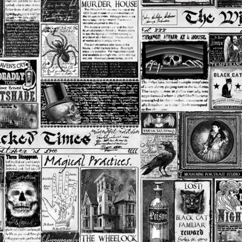 White Wicked Time Newspaper Halloween Fabric