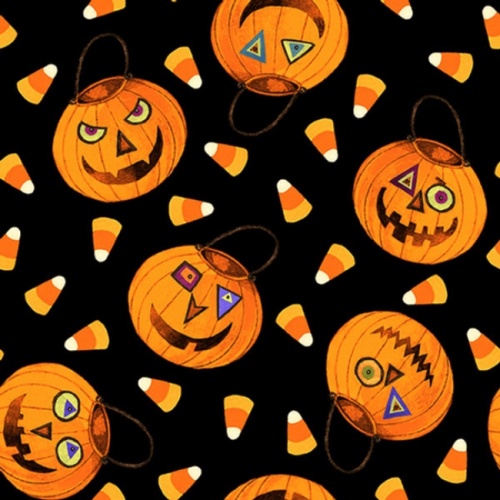 FB Witchful Thinking Black Pumpkins and Candy Corn Halloween Fabric