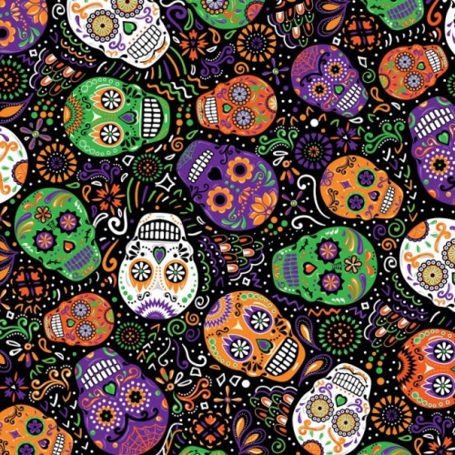 FB Black Day of the Dead Mardi Gras Fabric