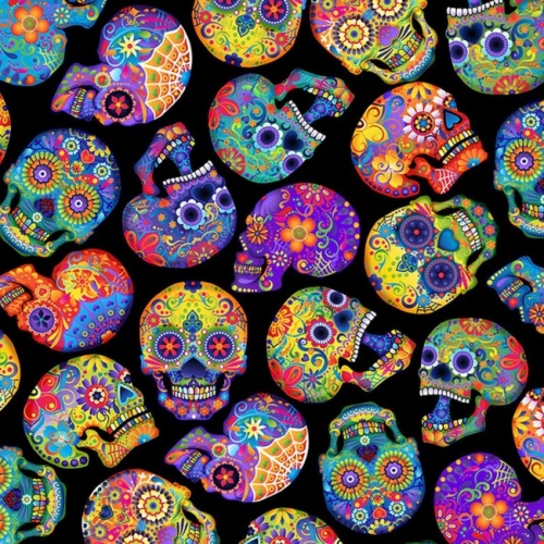 Black Day of the Dead Skulls Fabric