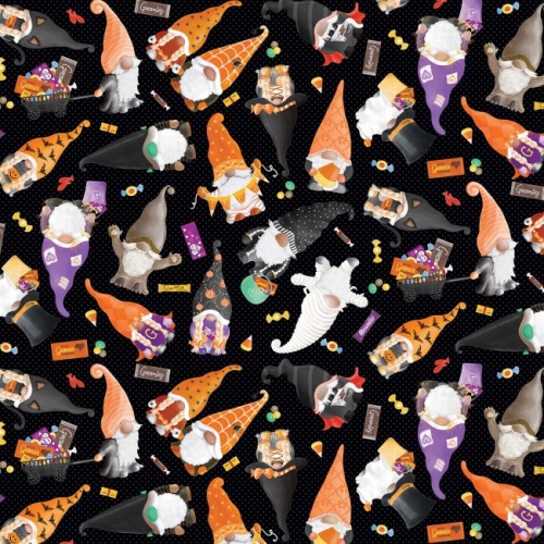 Black Halloween Party Gnomes Fabric