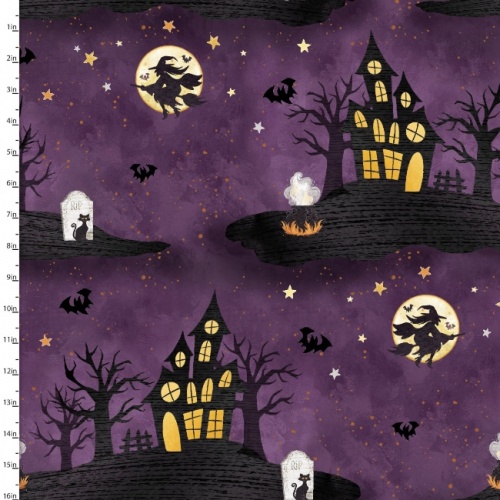 Boo Y'all Fabric - Haunted House Purple