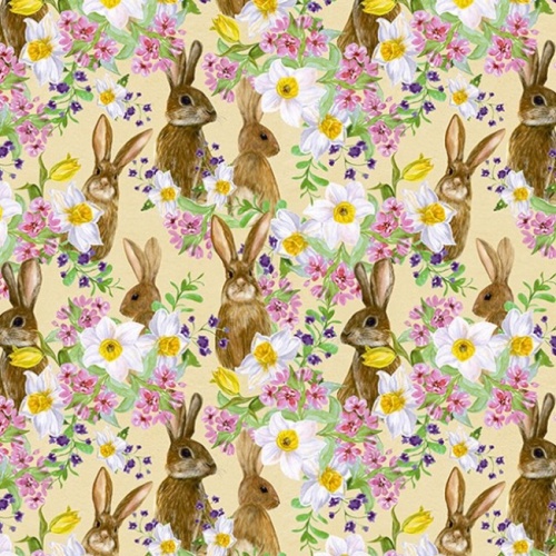 Cotton Bunnies and Flowers Fabric