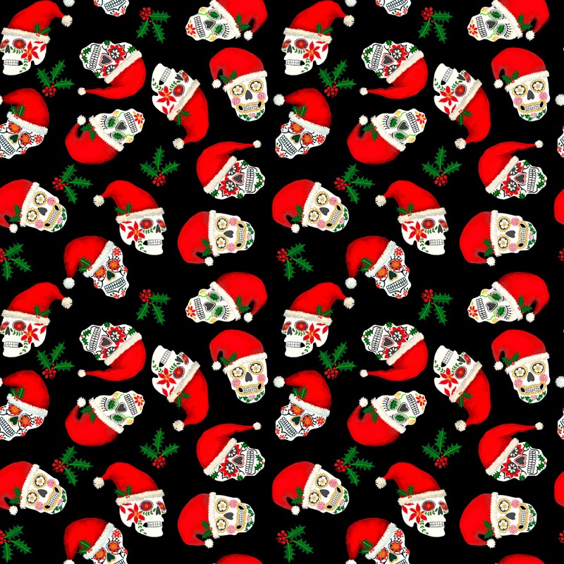 Black Christmas Sugar Skulls Fabric