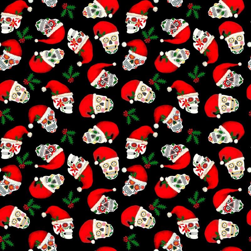 Black Christmas Sugar Skulls Fabric