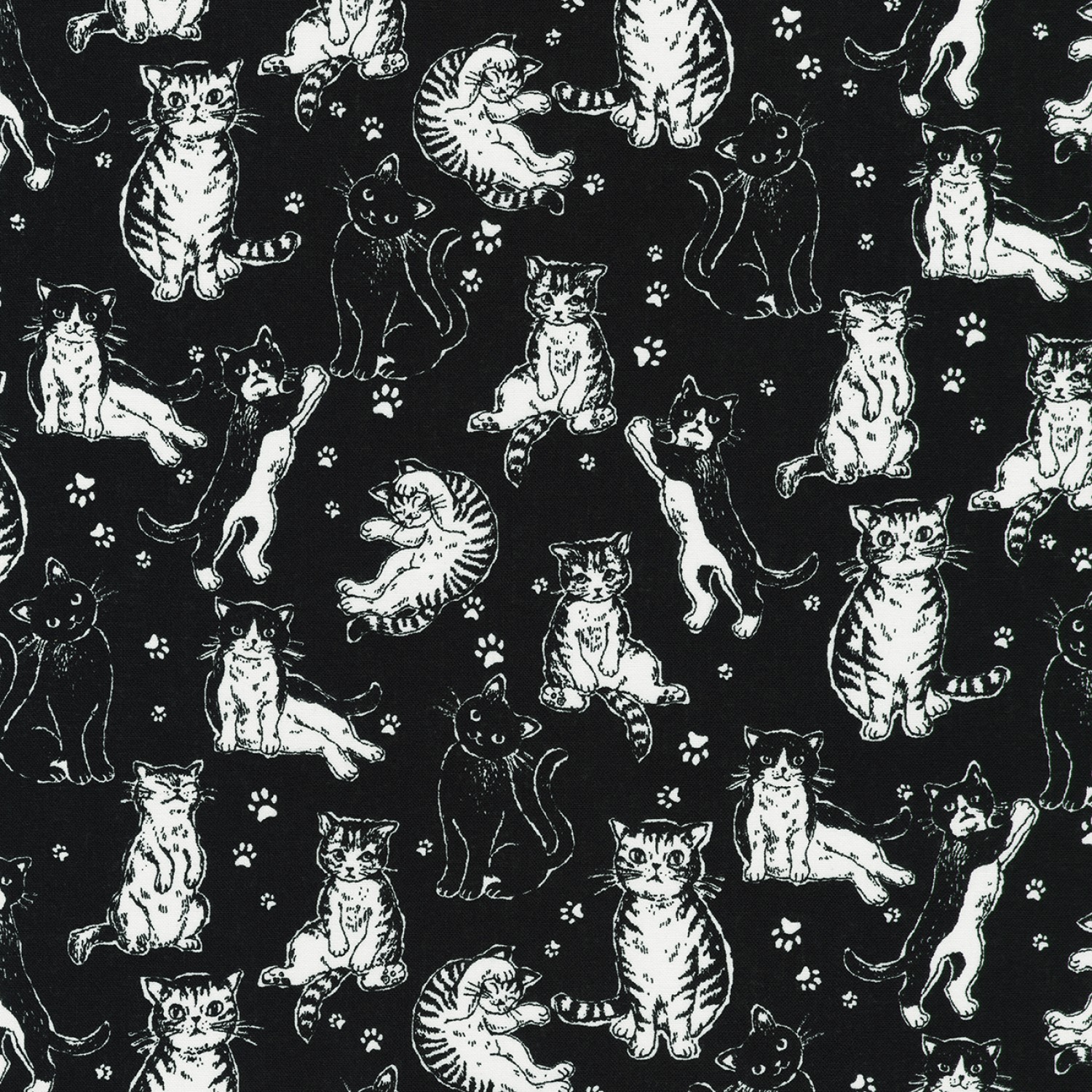 Whiskers and Tails Cat Fabric Black
