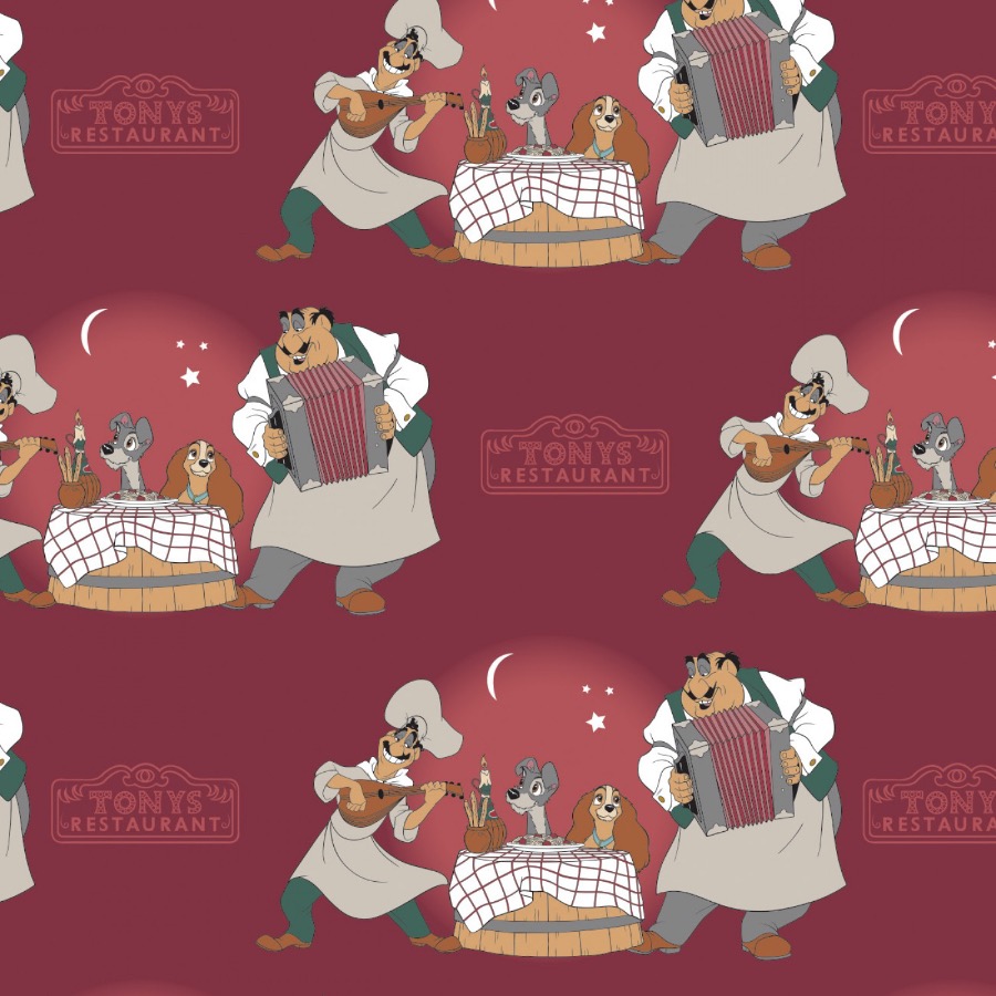 Disney Burgundy Disney Lady and The Tramp Bella Notte Fabric