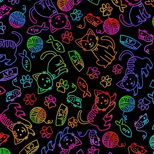 Rainbow Doodle Bright Cat Fabric