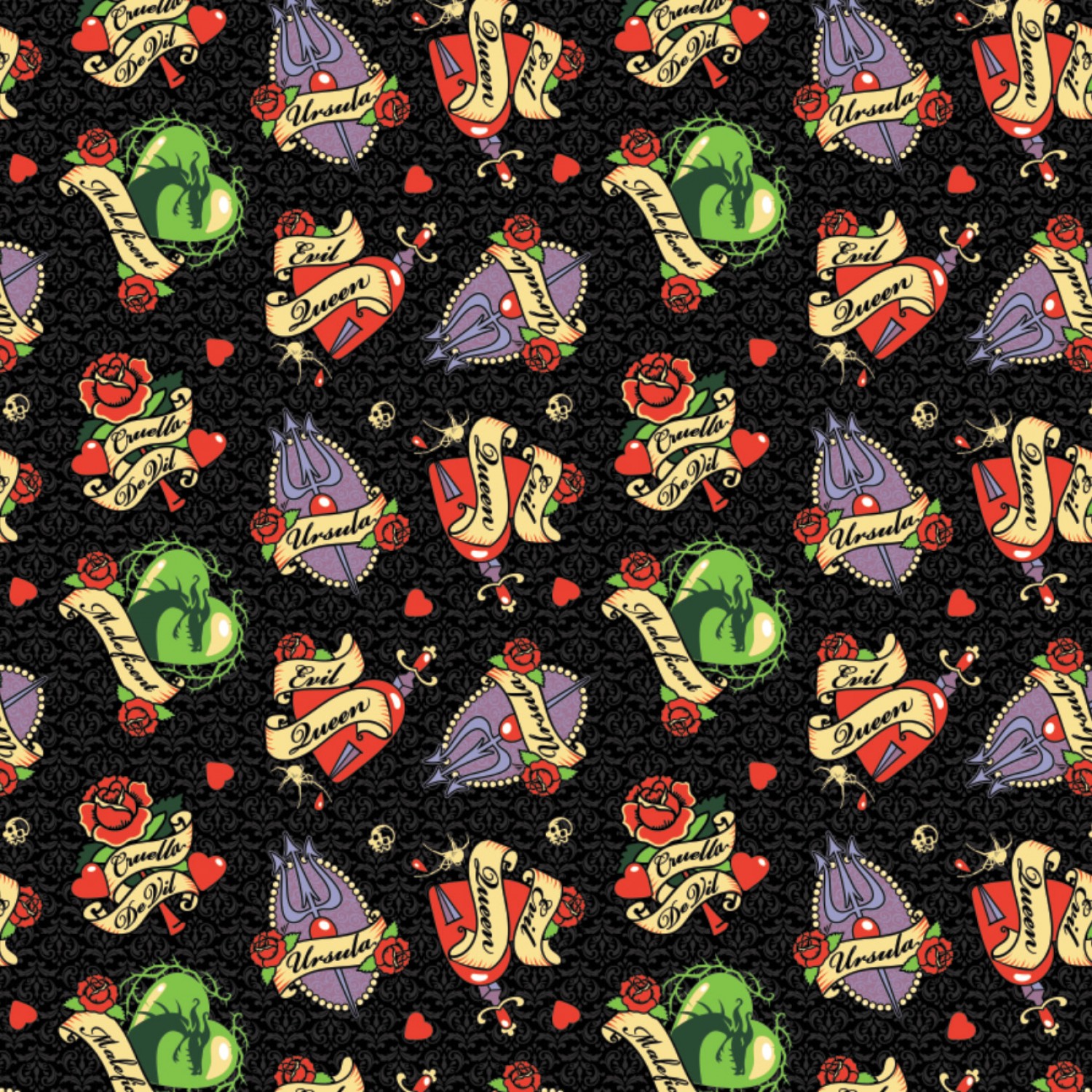 FLANNEL - Disney Villains Tattoo Badges Flannel Fabric - Black