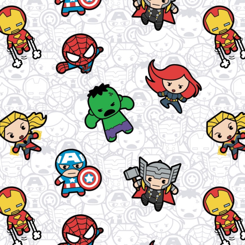 White Marvel Kawaii Action Packed Fabric