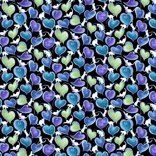 Catitute Singing the Blues Cat and Hearts Fabric with Metallic