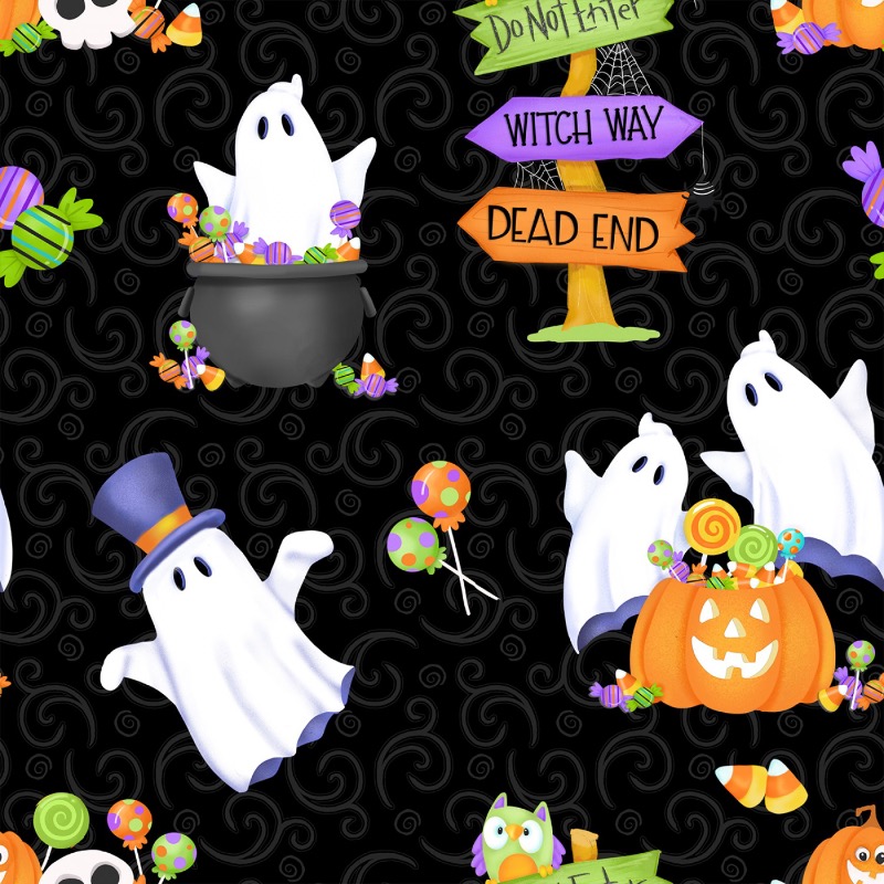 Glow Ghosts Black Ghosts Pumpkins and Candy Glow In The Dark Fabric