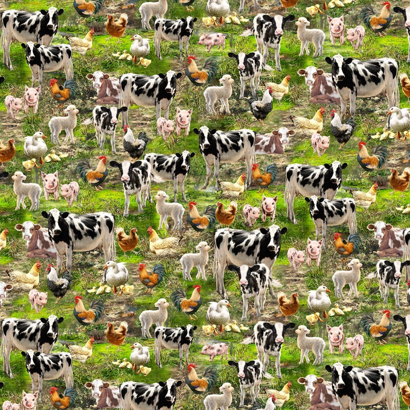 Cows, Chickens and Roosters Fabric