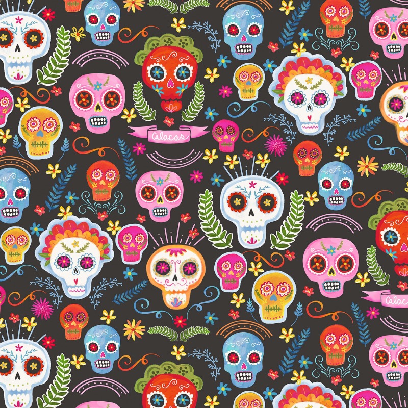 Charcoal La Vida Loca Candy Skulls Halloween Fabric