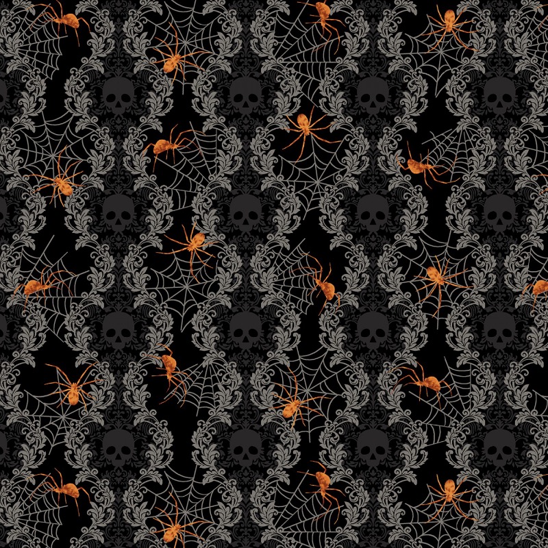 Spooky Night Black Damask Spider Stripe Fabric