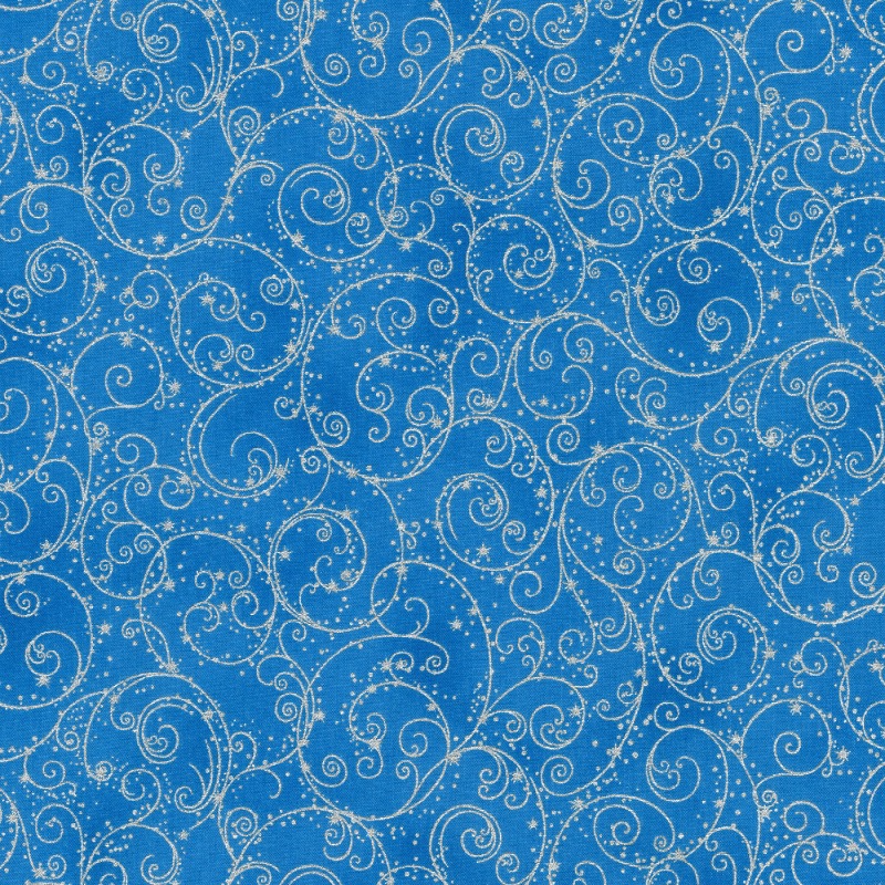 Holiday Flourish 14 Fine Swirls Blue with metallic Fabric
