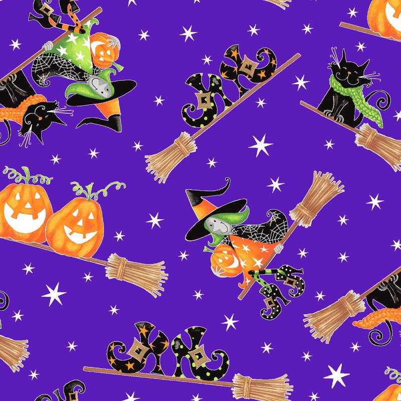 Here We Glow Purple Flying Witches Glow In The Dark Fabric