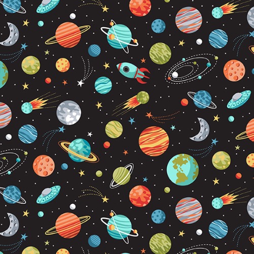 Black Outer Space Planet Fabric