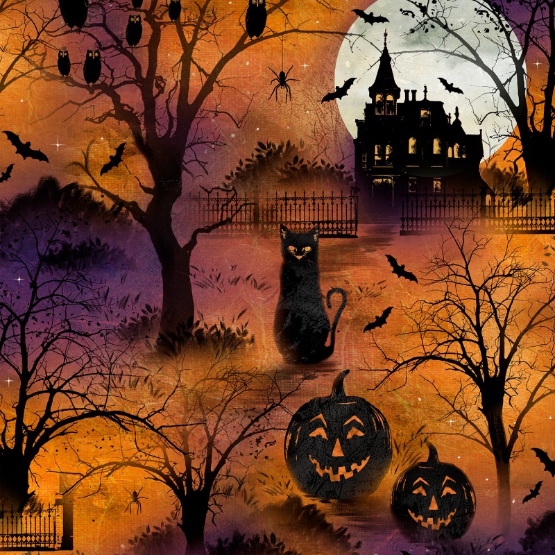 Frightful Night Orange Halloween Scenic Fabric