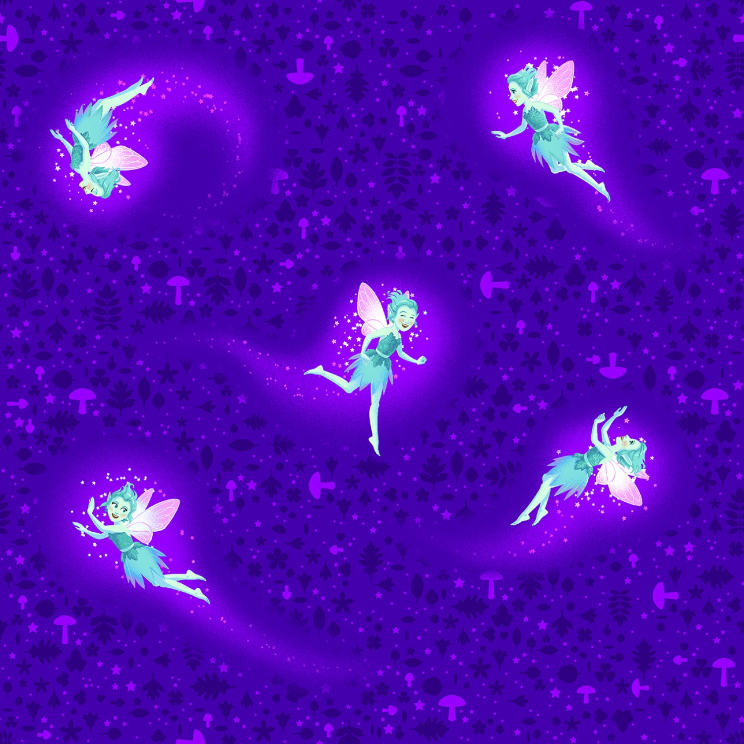 Purple Multicolour Flying Fairies Glows in the Dark Fabric