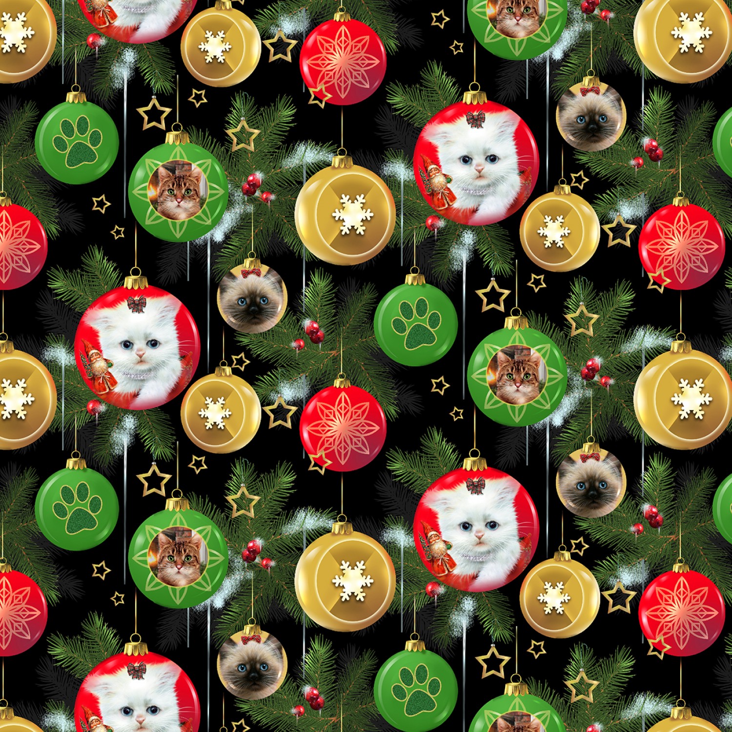 Fireside Kittens Ornaments Christmas Fabric