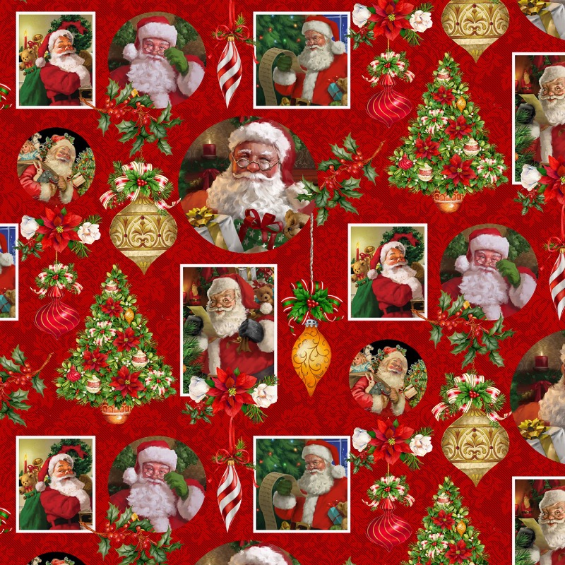 Red Christmas Santa Collage Fabric