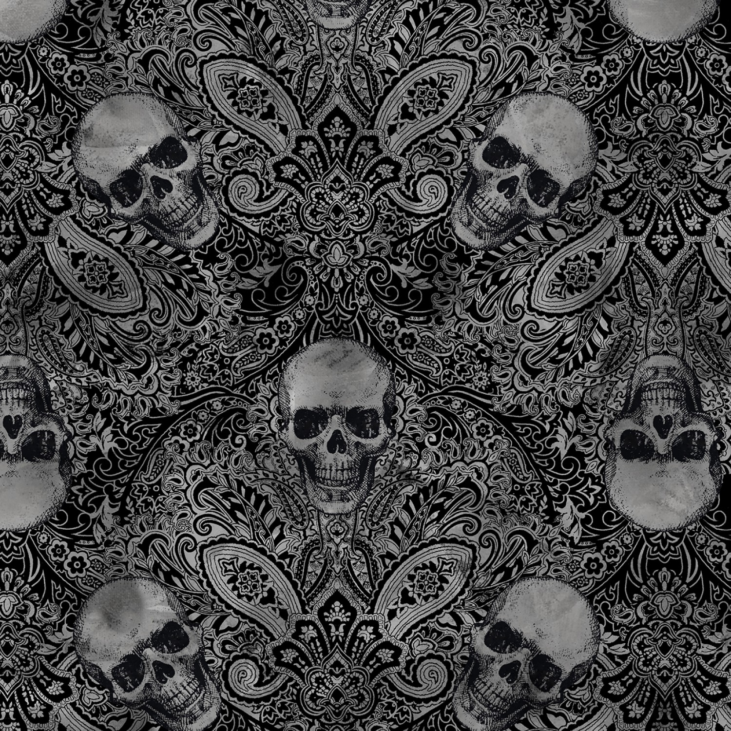 Wicked Fog Black Skull Damask Fabric