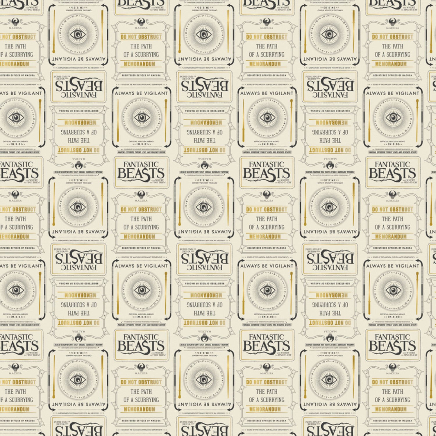 Fantastic Beasts Newsprint Metallic Fabric Cream