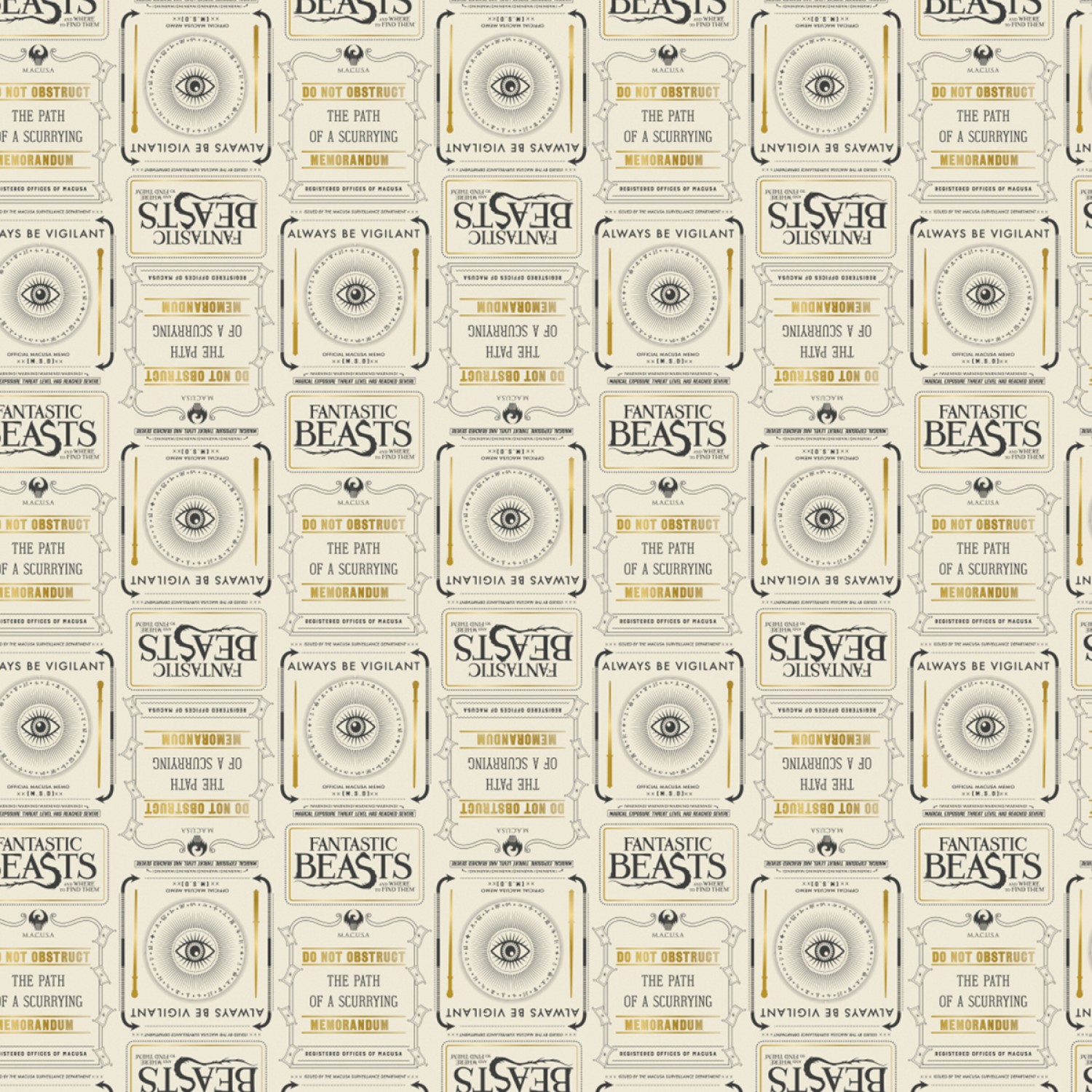 Fantastic Beasts Newsprint Metallic Fabric Cream