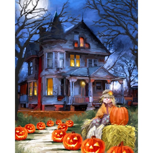 Spooky Haunted House with Pumpkins Fabric Panel