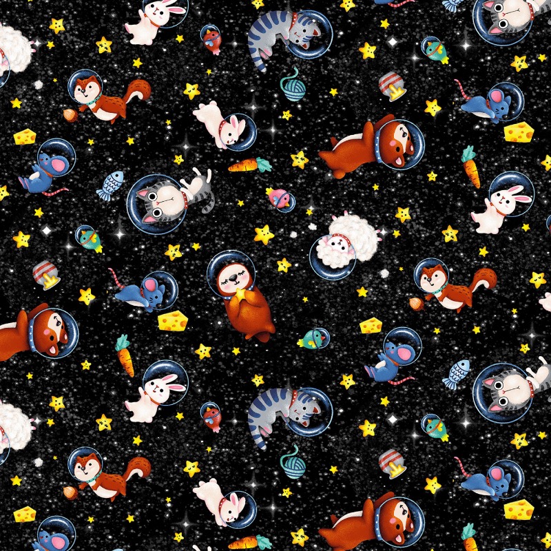 Black Space Animals Fabric