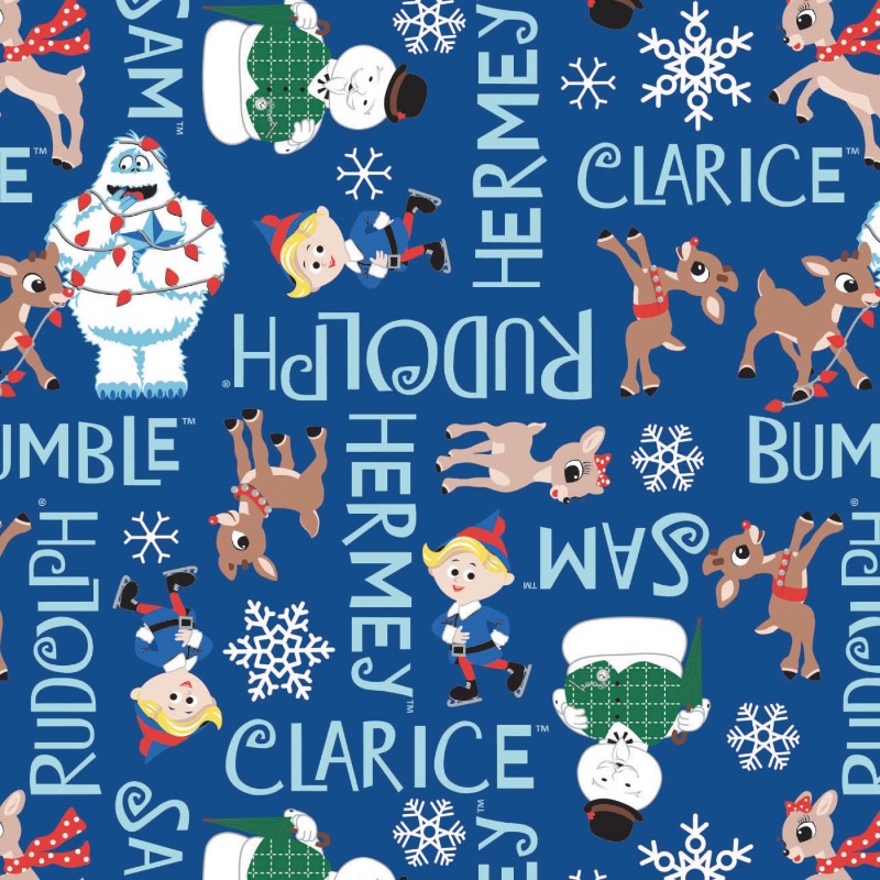 Rudolph Character Names Fabric - Blue