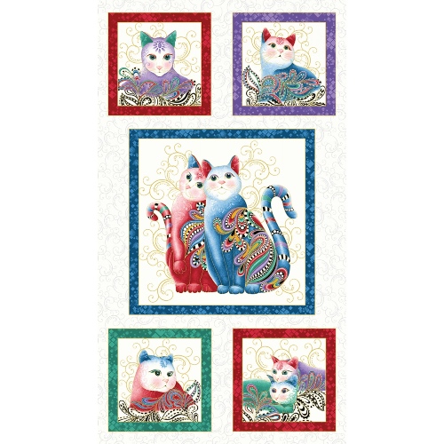 White Catitude Purr fect Together Fabric Panel - Metallic