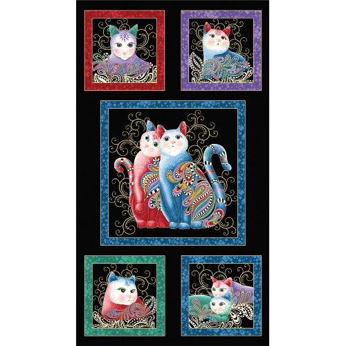 Black Catitude Purr fect Together Fabric Panel - Metallic