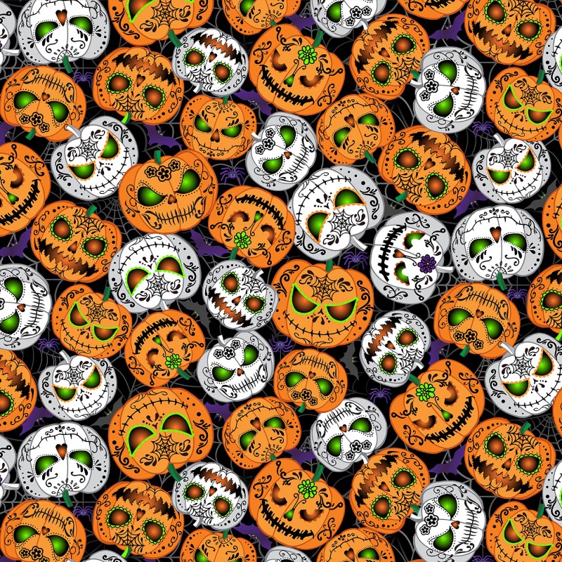 Black Scary Pumpkins Fabric Glow in the Dark