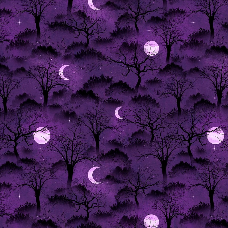 Frightful Night Purple Halloween Trees and Moons Fabric