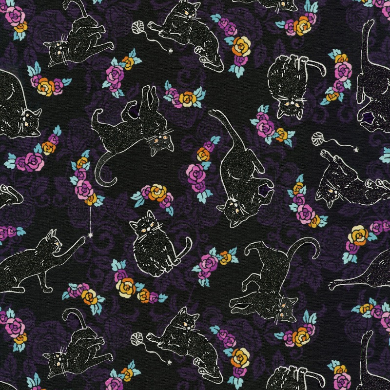 Cats Night Spooky Halloween Fabric With Glitter