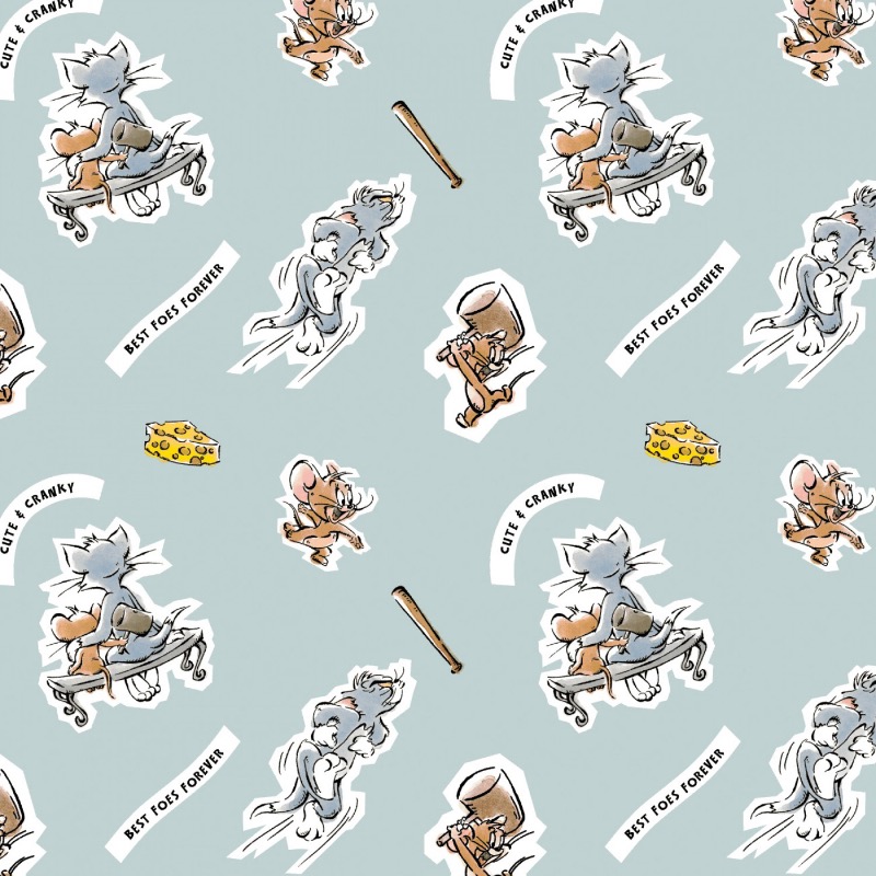 Light Blue Tom and Jerry Foes Forever Fabric