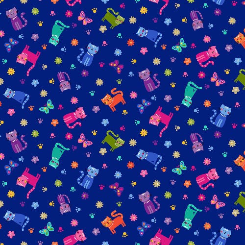 Makower Katie's Cats Scatter Blue with Metallic