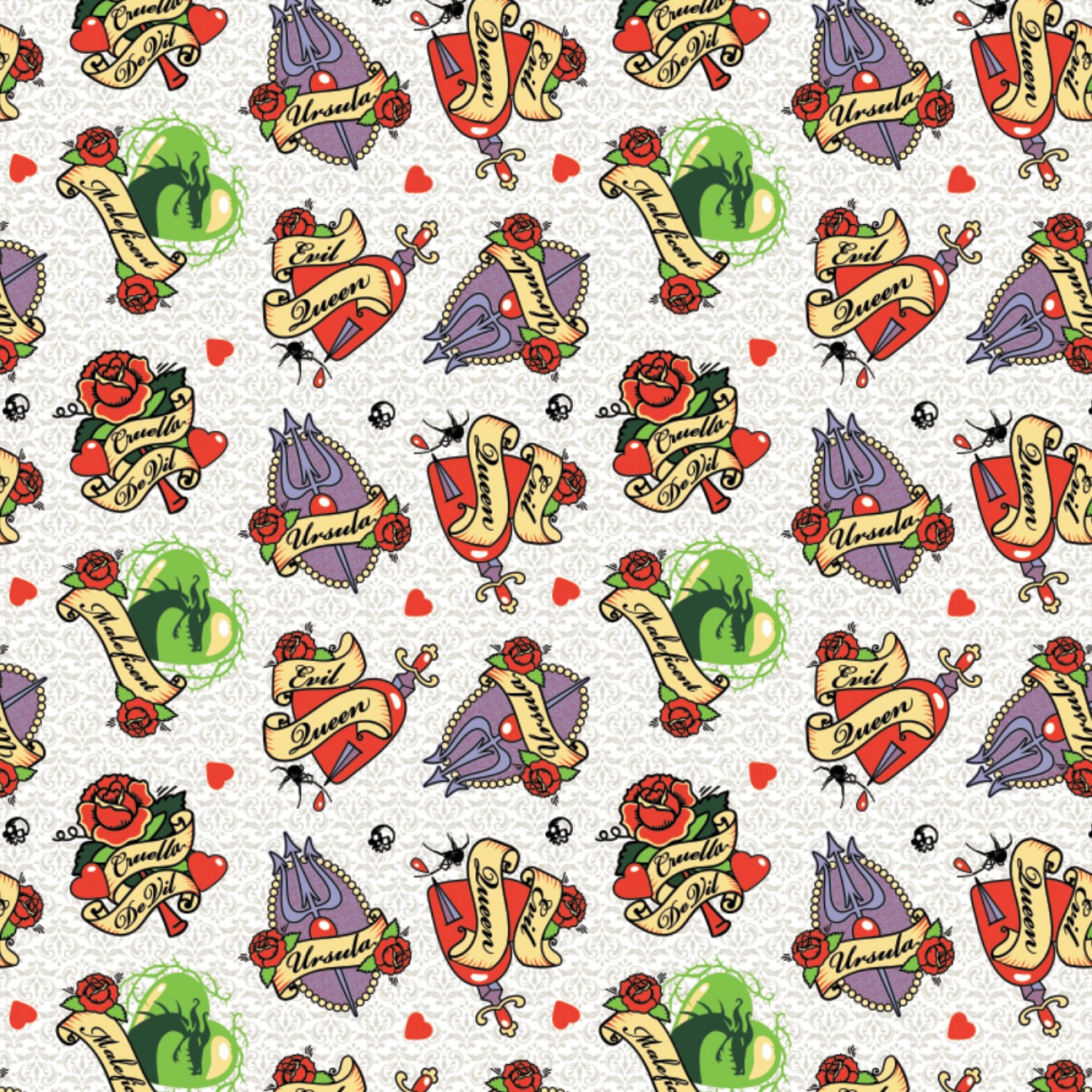 FLANNEL - Disney Villains Tattoo Badges Flannel Fabric - White