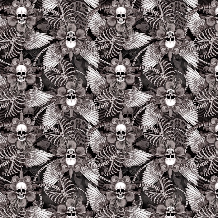 Black Tossed Skull Fleur De Lis With Wings Halloween Fabric