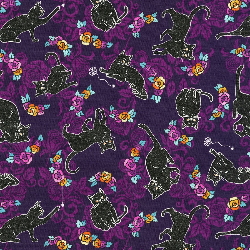 Cats Plum Spooky Halloween Fabric With Glitter