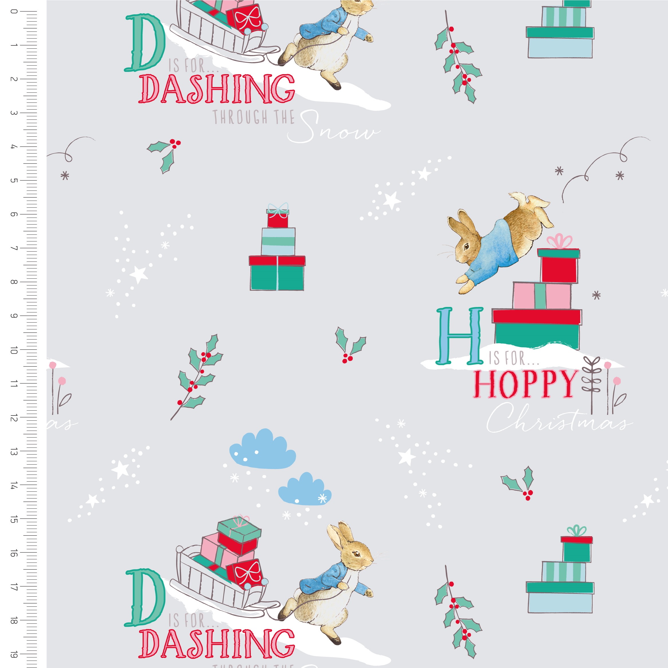 Peter Rabbit Letters Christmas Fabric - Grey